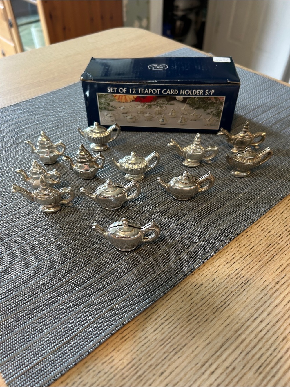 Set of 12 Vintage teapot card holders, silver plated